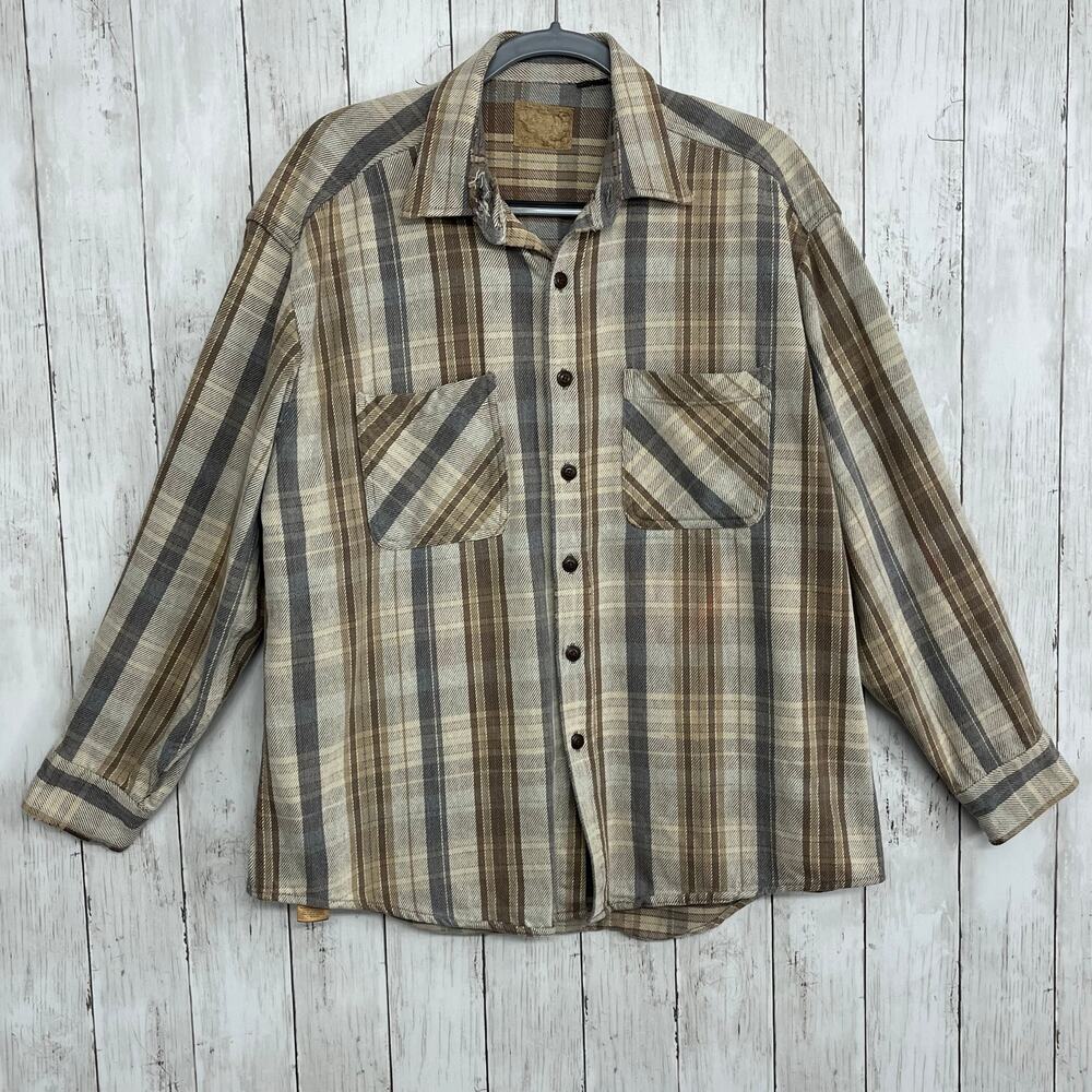 Vintage 1998 Grunge Flannel Brown Grey Earth Tone Plaid Cotton Oversized Chores